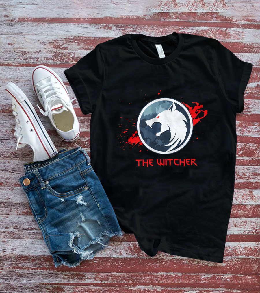 The Witcher Wolf Emblem Blood Splatter T-Shirt