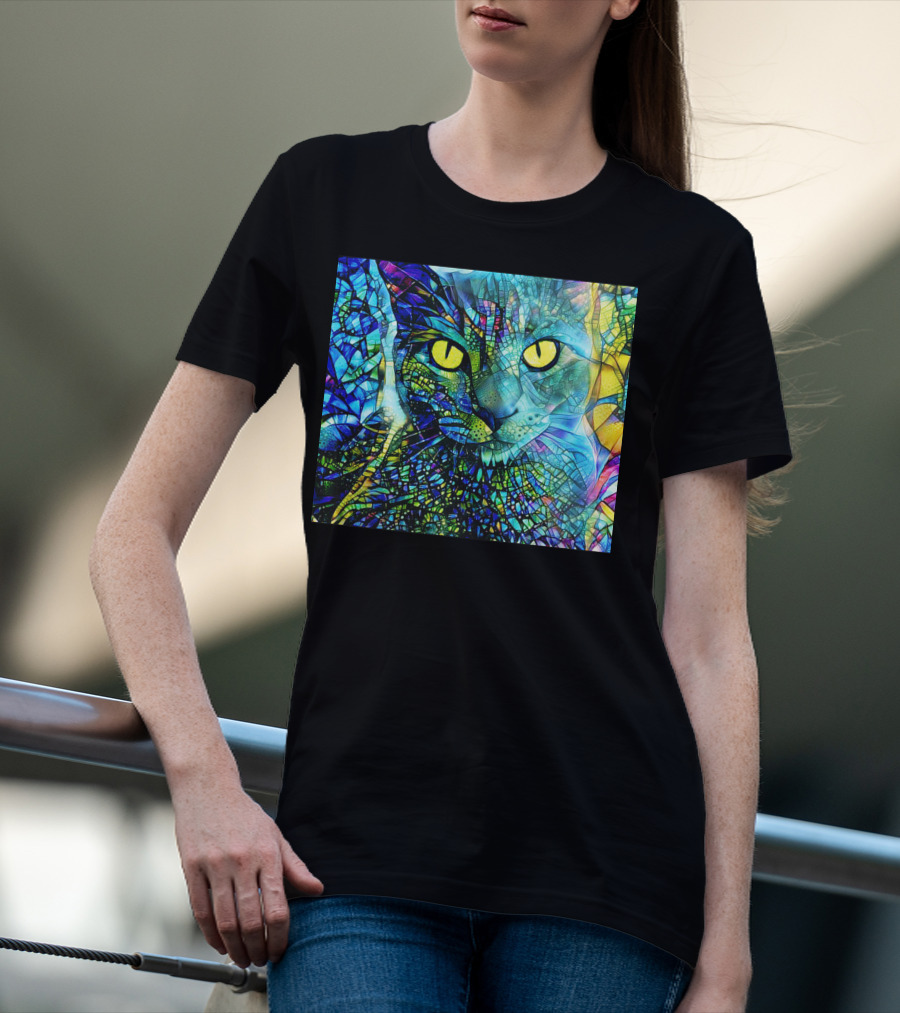 Cochfdhfdhfdh Stained Glass Mosaic Cat With Vibrant Yellow Eyes T-Shirt