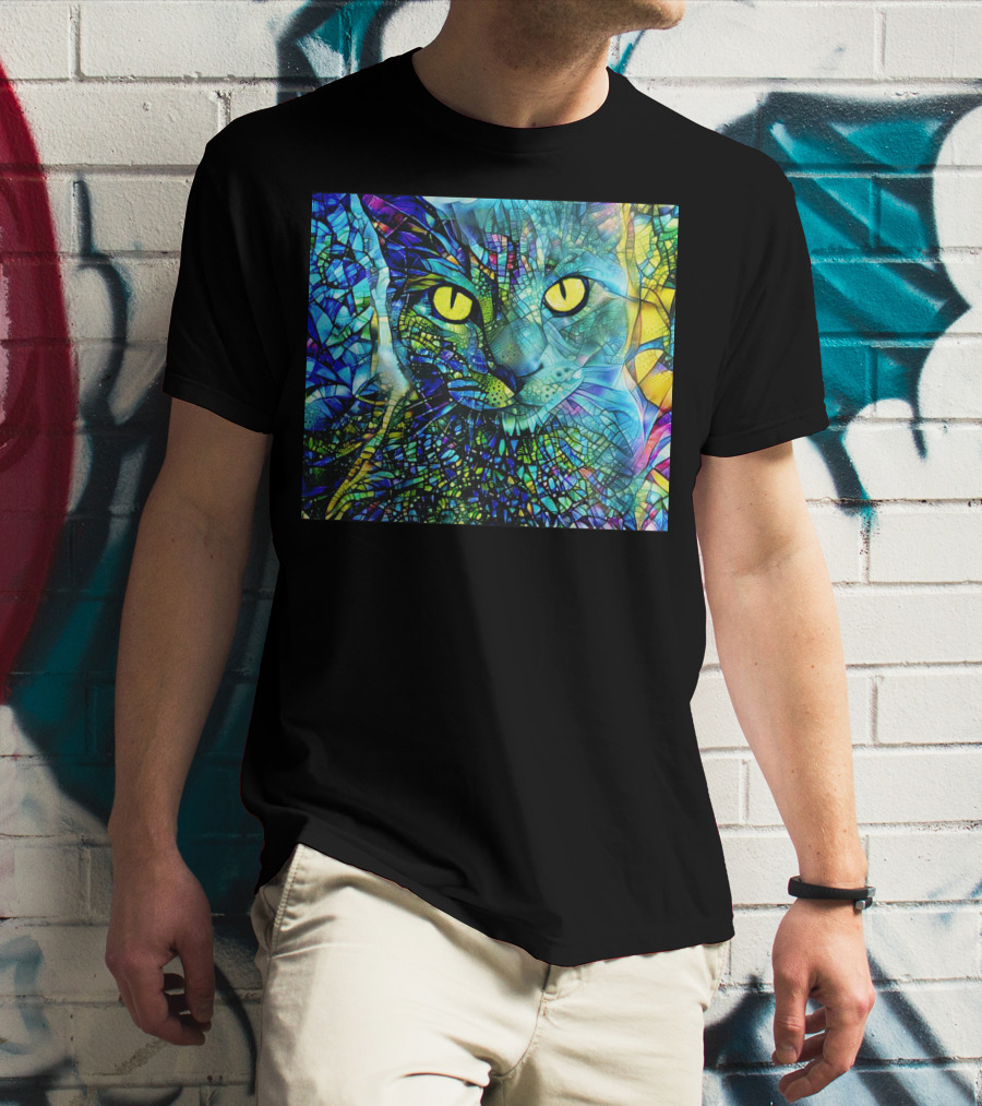 Cochfdhfdhfdh Stained Glass Mosaic Cat With Vibrant Yellow Eyes T-Shirt