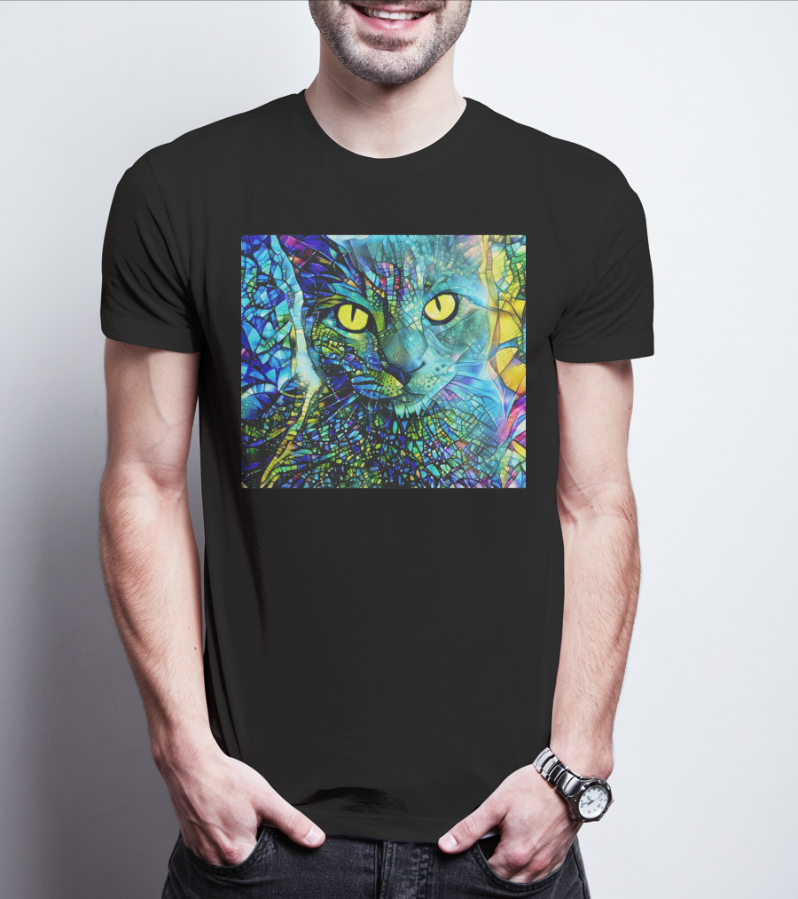 Cochfdhfdhfdh Stained Glass Mosaic Cat With Vibrant Yellow Eyes T-Shirt
