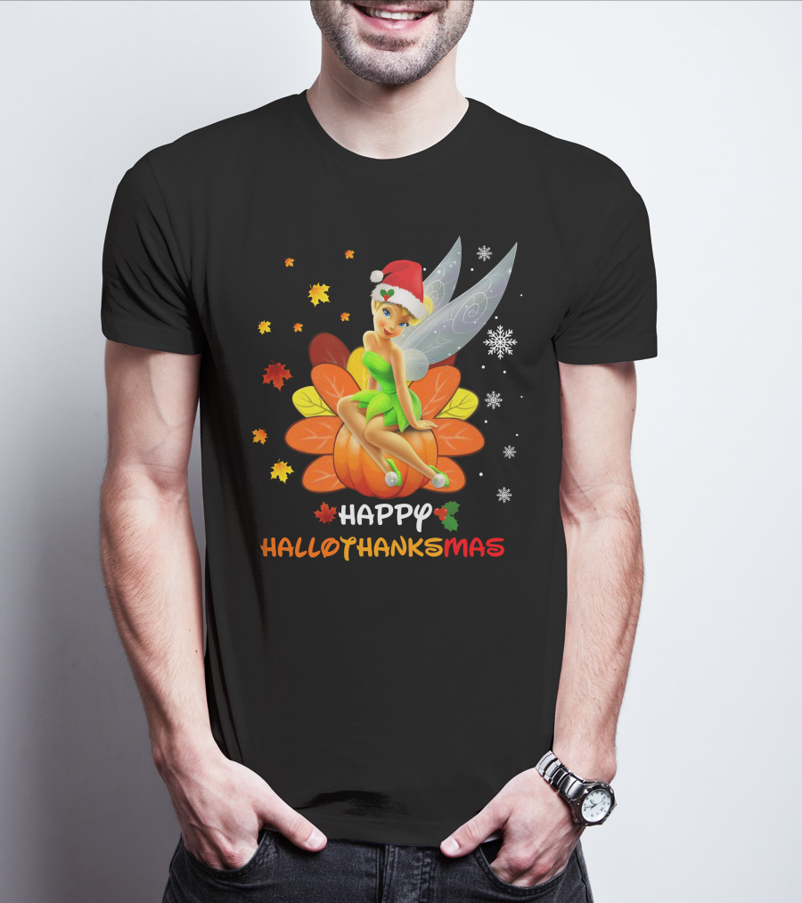 Tinkerbell Happy HalloThanksMas Pumpkin Santa Hat Snowflakes T-Shirt