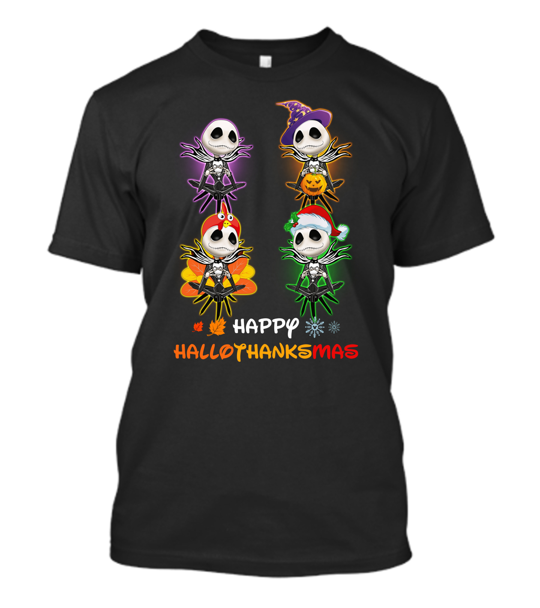 Happy HalloThanksMas Jack Skellington With Pumpkin Turkey Santa Hat T-Shirt