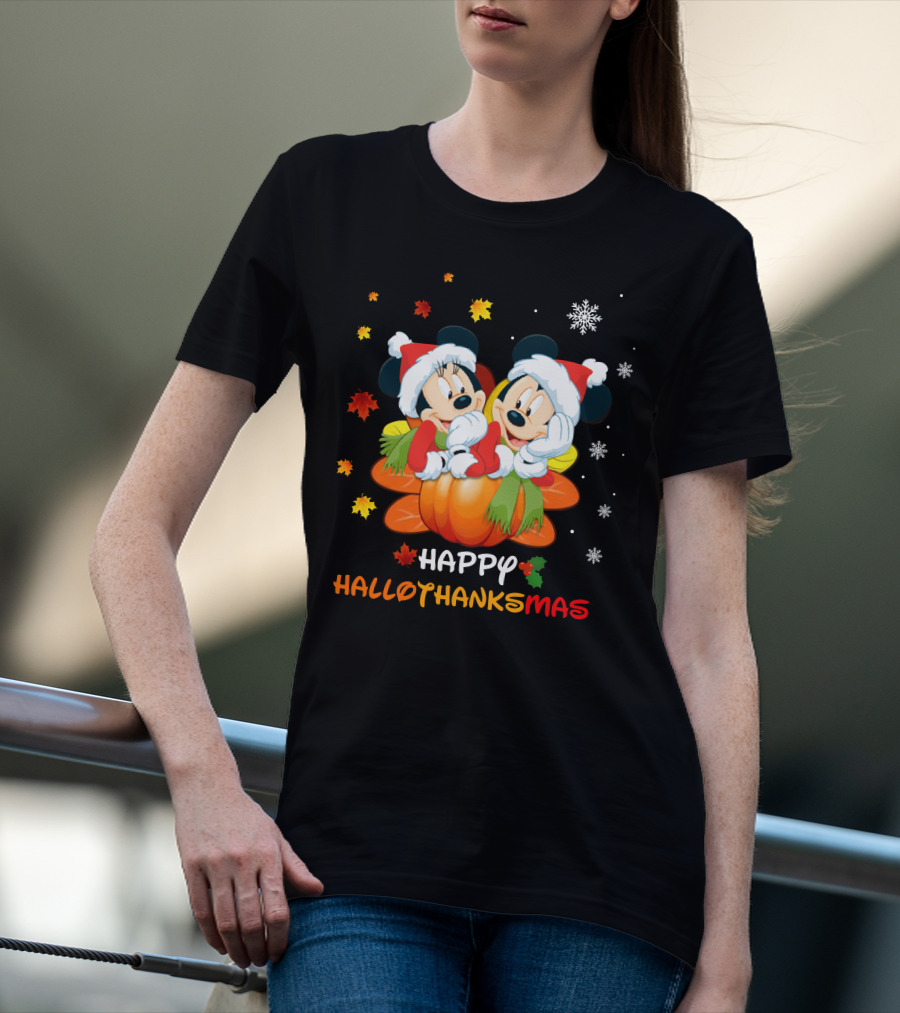 Mickey Happy HalloThanksMas Pumpkin Leaves Snowflakes T-Shirt
