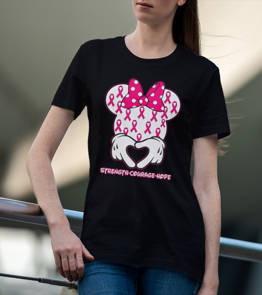 Strength Courage Hope Pink Ribbon Minnie Ears Hands Heart T-Shirt