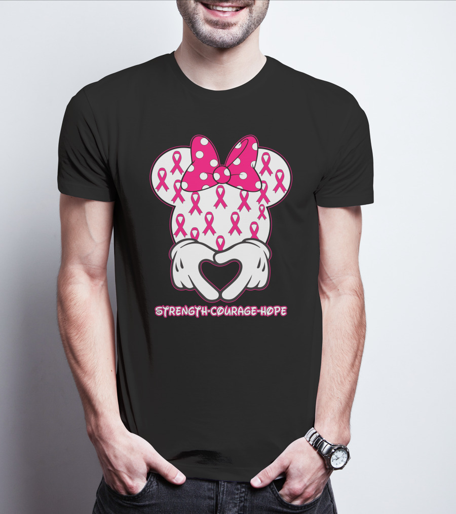 Strength Courage Hope Pink Ribbon Minnie Ears Hands Heart T-Shirt