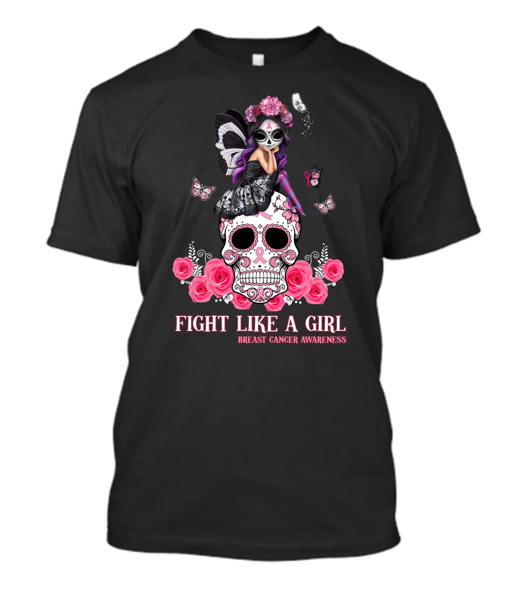 Fight Like A Girl Breast Cancer Awareness Butterfly Skull Roses T-Shirt
