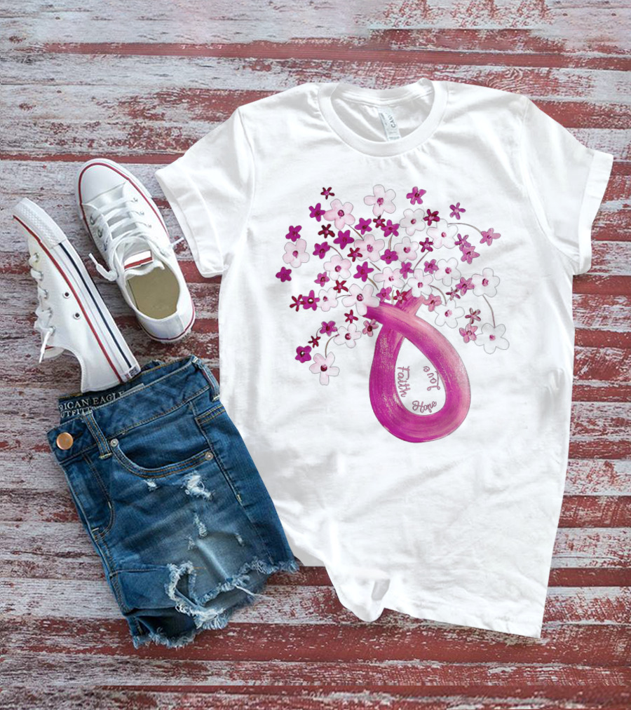 Faith Hope Love Pink Ribbon Flower Bouquet T-Shirt