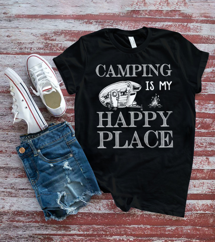 Camping Is My Happy Place With RV And Campfire Scene T-Shirt