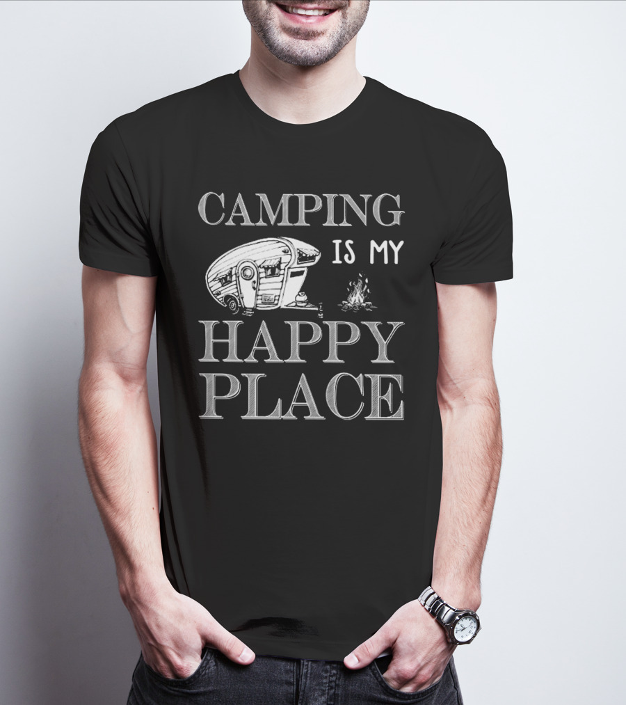 Camping Is My Happy Place With RV And Campfire Scene T-Shirt