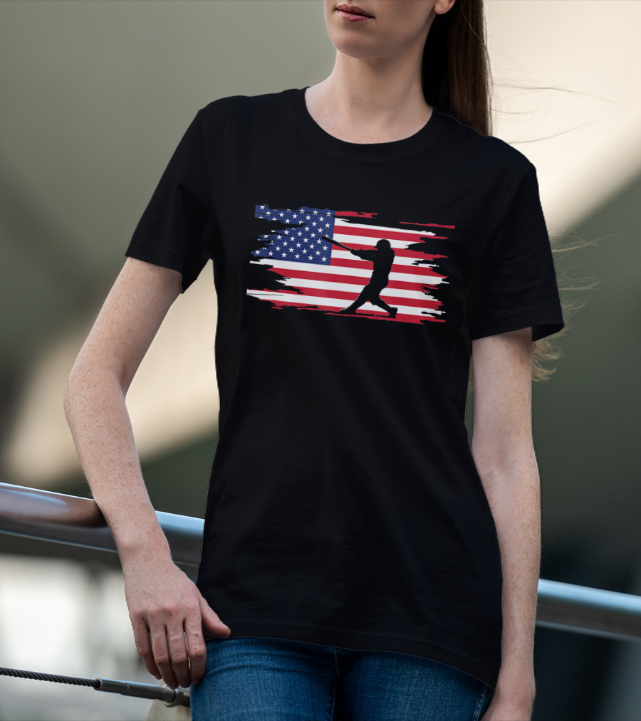 American Flag Baseball Player Silhouette Patriotic Sports T-Shirt