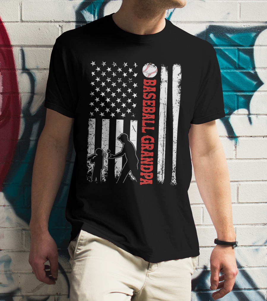 Distressed USA American Flag Baseball Grandpa Silhouette With Bats And Ball T-Shirt