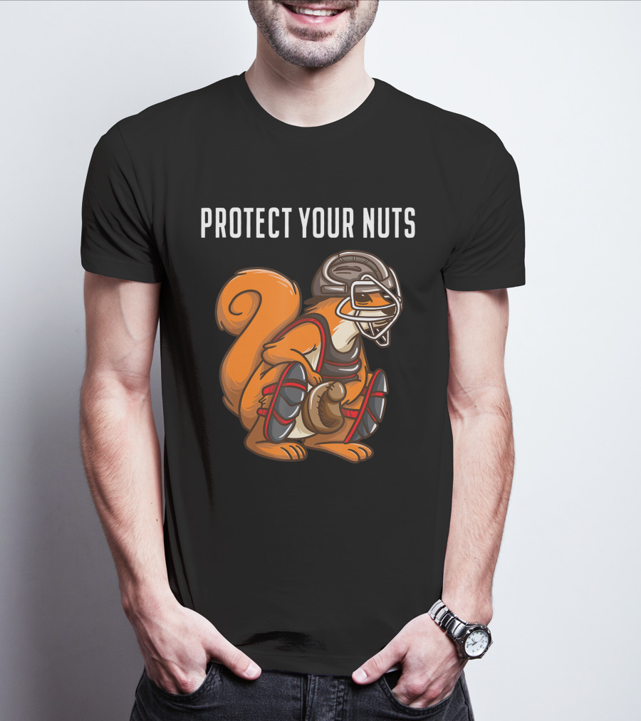 Protect Your Nuts Funny Squirrel Lover Baseball Catcher Animal T-Shirt