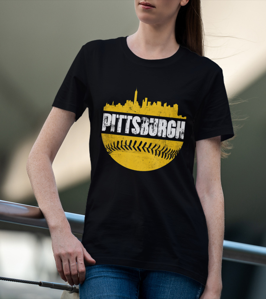 Pittsburgh Baseball Cityscape Distressed Look With Baseball Stitching T-Shirt