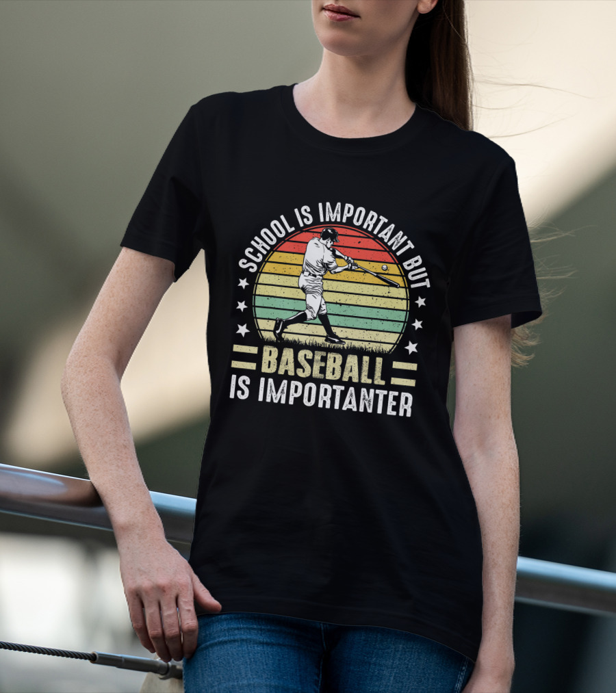 School Is Important But Baseball Is Importanter Vintage Retro Baseball Player T-Shirt