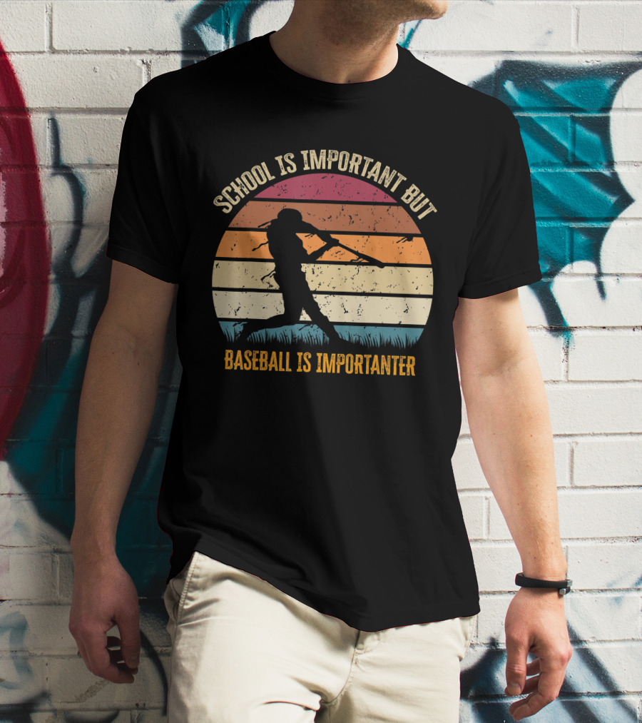 School Is Important But Baseball Is Importanter Retro Sunset Baseball Player T-Shirt