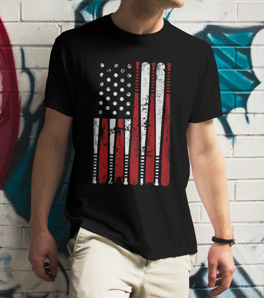 Vintage American Baseball Bat USA Flag T-Shirt