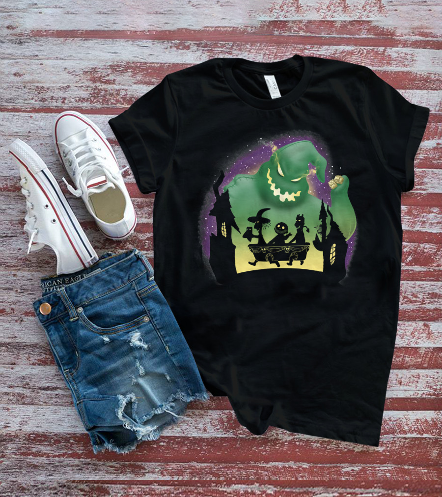 Boogie Lock Shock And Barrel Silhouette Against Green Monster And Haunted House Background T-Shirt