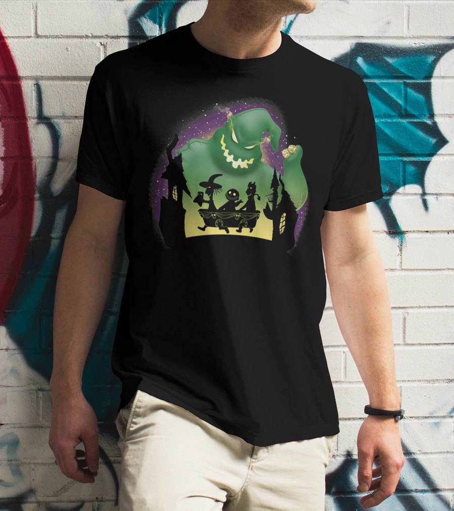 Boogie Lock Shock And Barrel Silhouette Against Green Monster And Haunted House Background T-Shirt