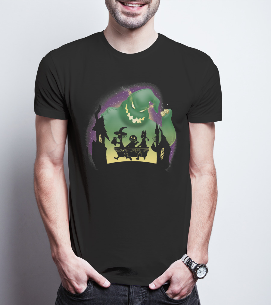 Boogie Lock Shock And Barrel Silhouette Against Green Monster And Haunted House Background T-Shirt
