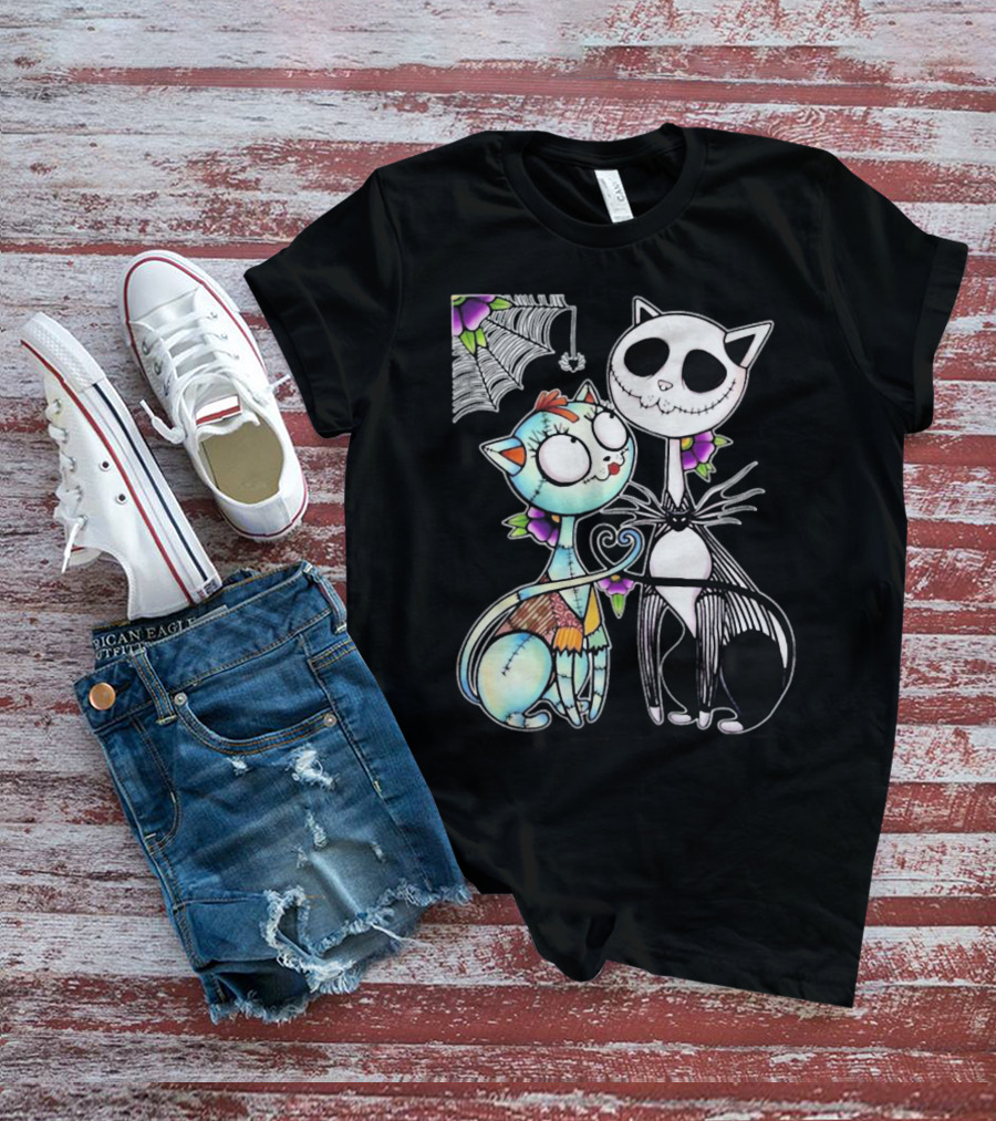 Jack Skellington Cat And Sally Cat With Heart Umbrella And Stitching Elements T-Shirt