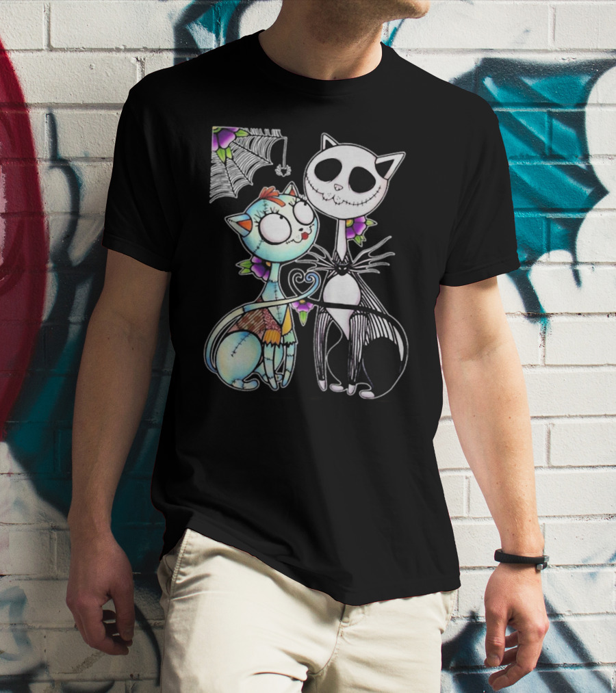 Jack Skellington Cat And Sally Cat With Heart Umbrella And Stitching Elements T-Shirt