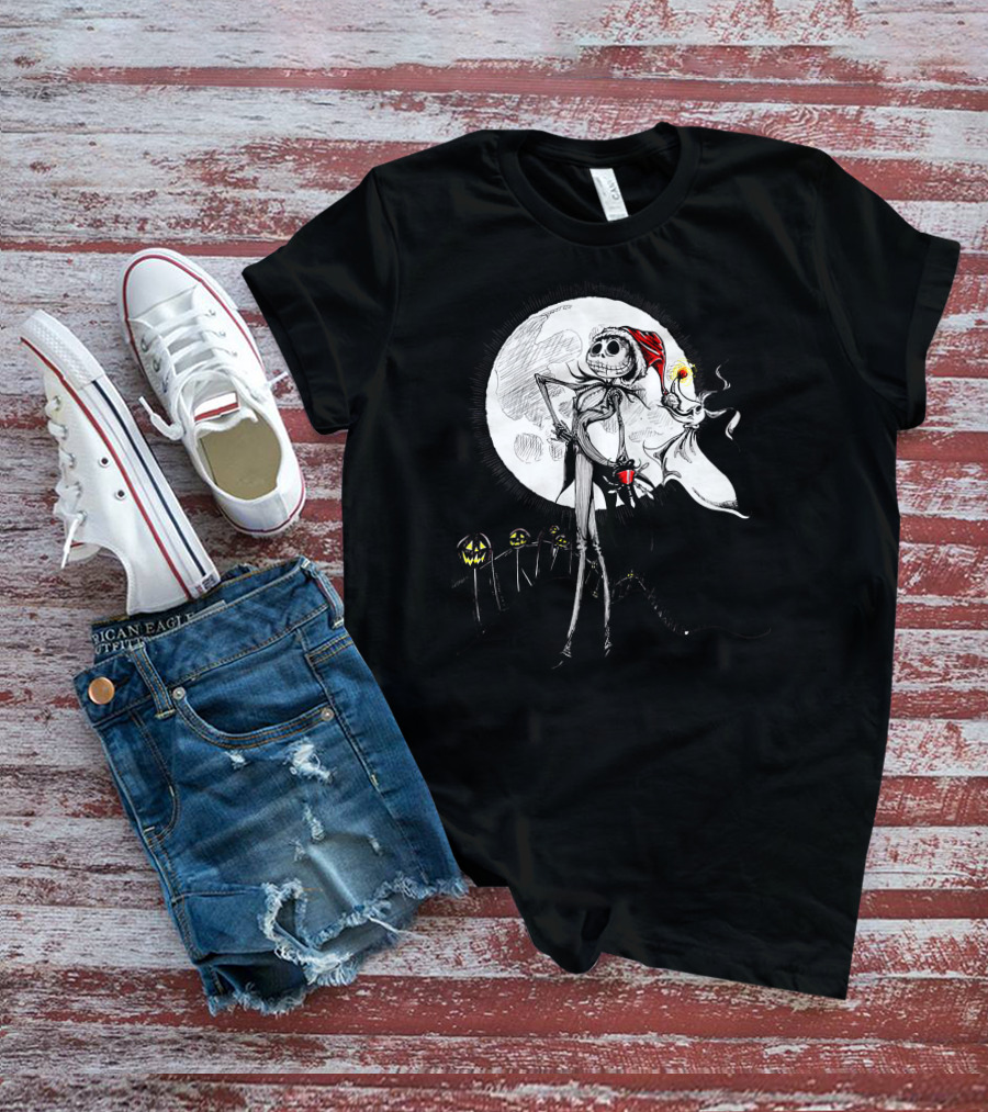 Jack Skellington Zero With Santa Hat And Full Moon Halloween Scene T-Shirt
