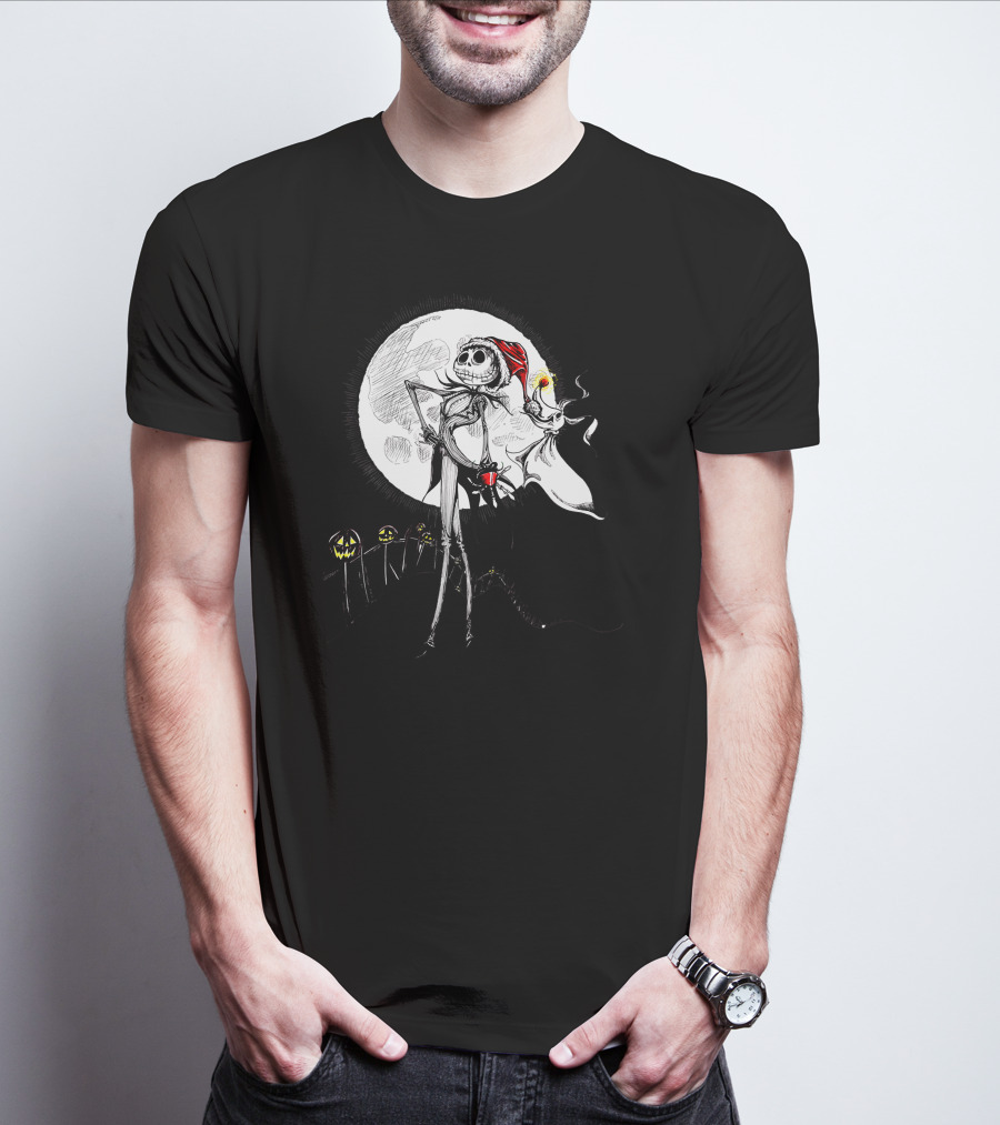 Jack Skellington Zero With Santa Hat And Full Moon Halloween Scene T-Shirt