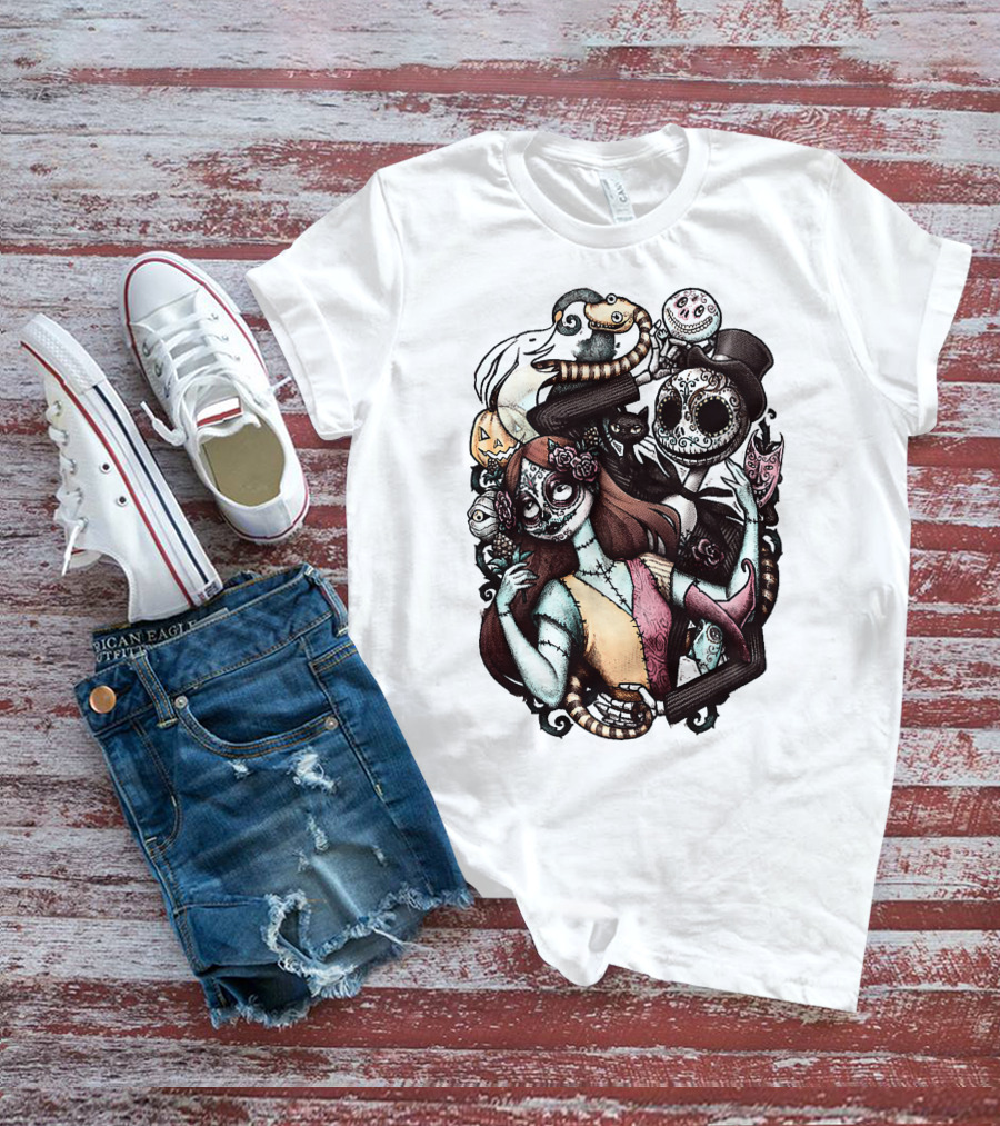 Jack Skellington Sally Zero Nightmare Before Christmas Día De Los Muertos T-Shirt