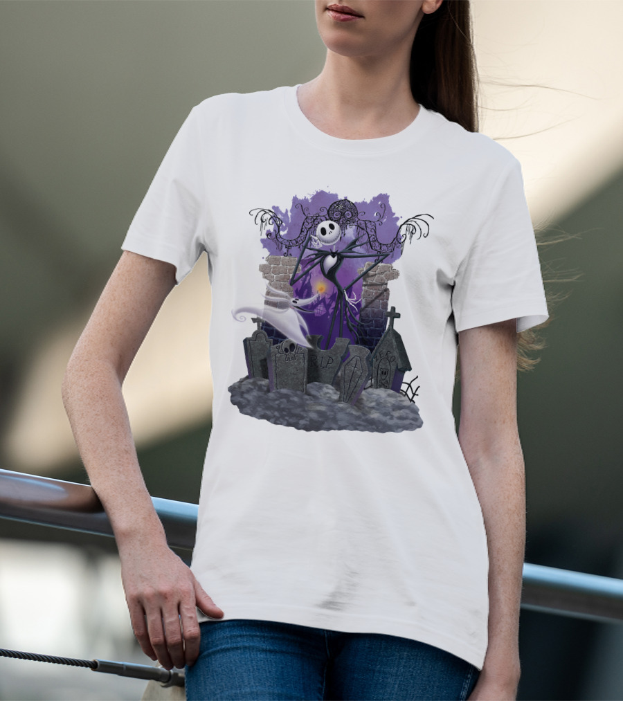 Jack Skellington Zero RIP Graveyard Scene With Ghostly Dog And Gothic Elements T-Shirt