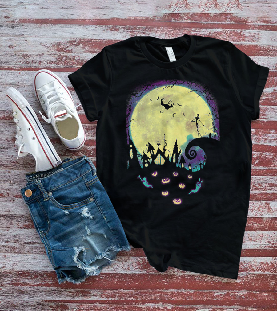Jack Zero Moonlit Halloween Scene With Ghostly Pumpkins T-Shirt