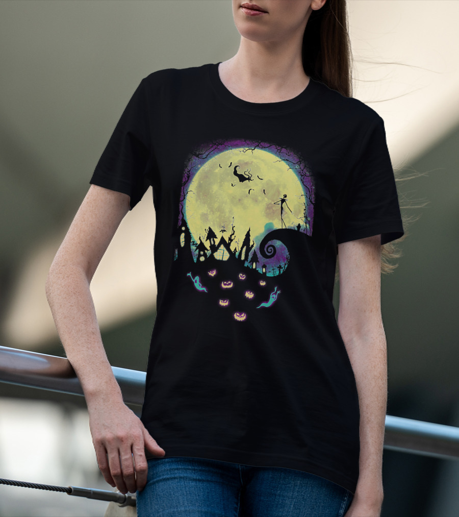 Jack Zero Moonlit Halloween Scene With Ghostly Pumpkins T-Shirt