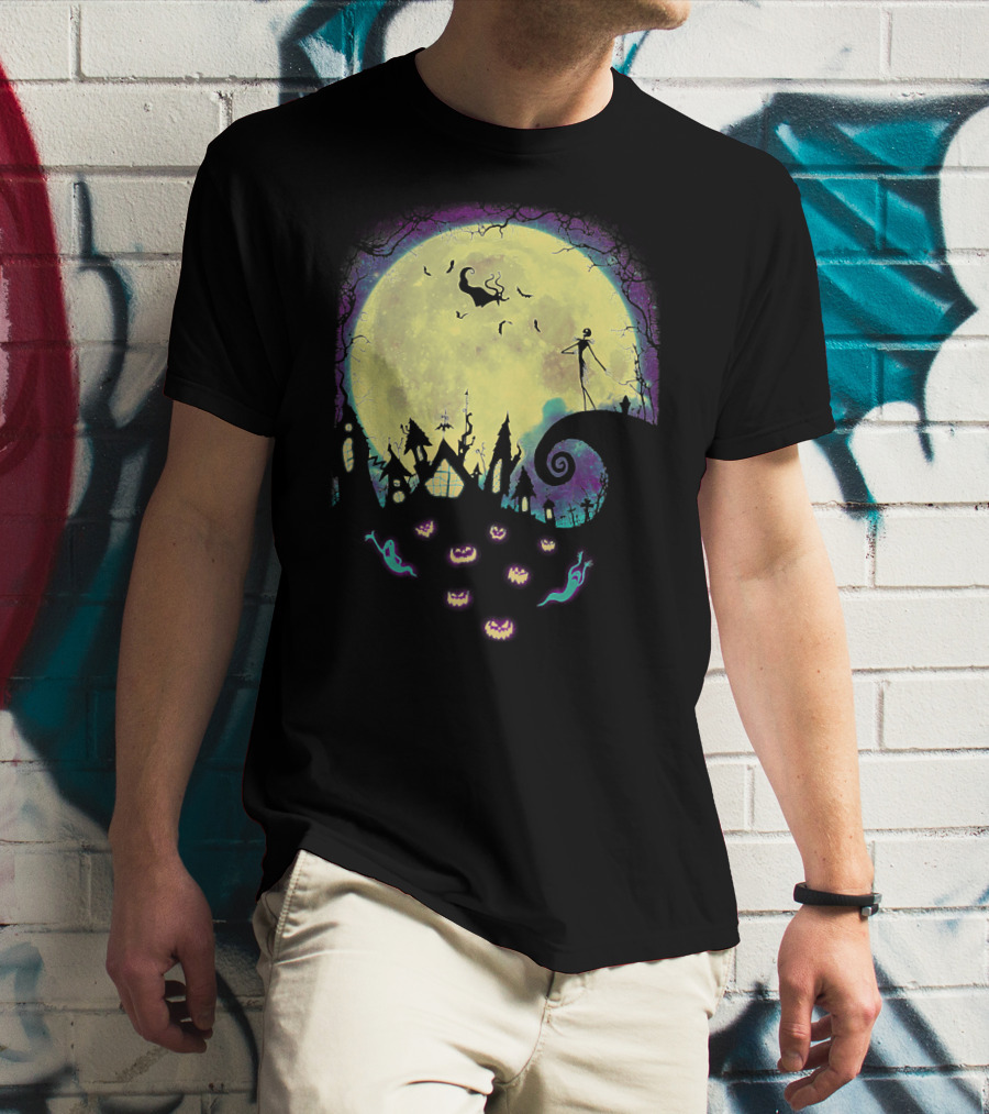 Jack Zero Moonlit Halloween Scene With Ghostly Pumpkins T-Shirt