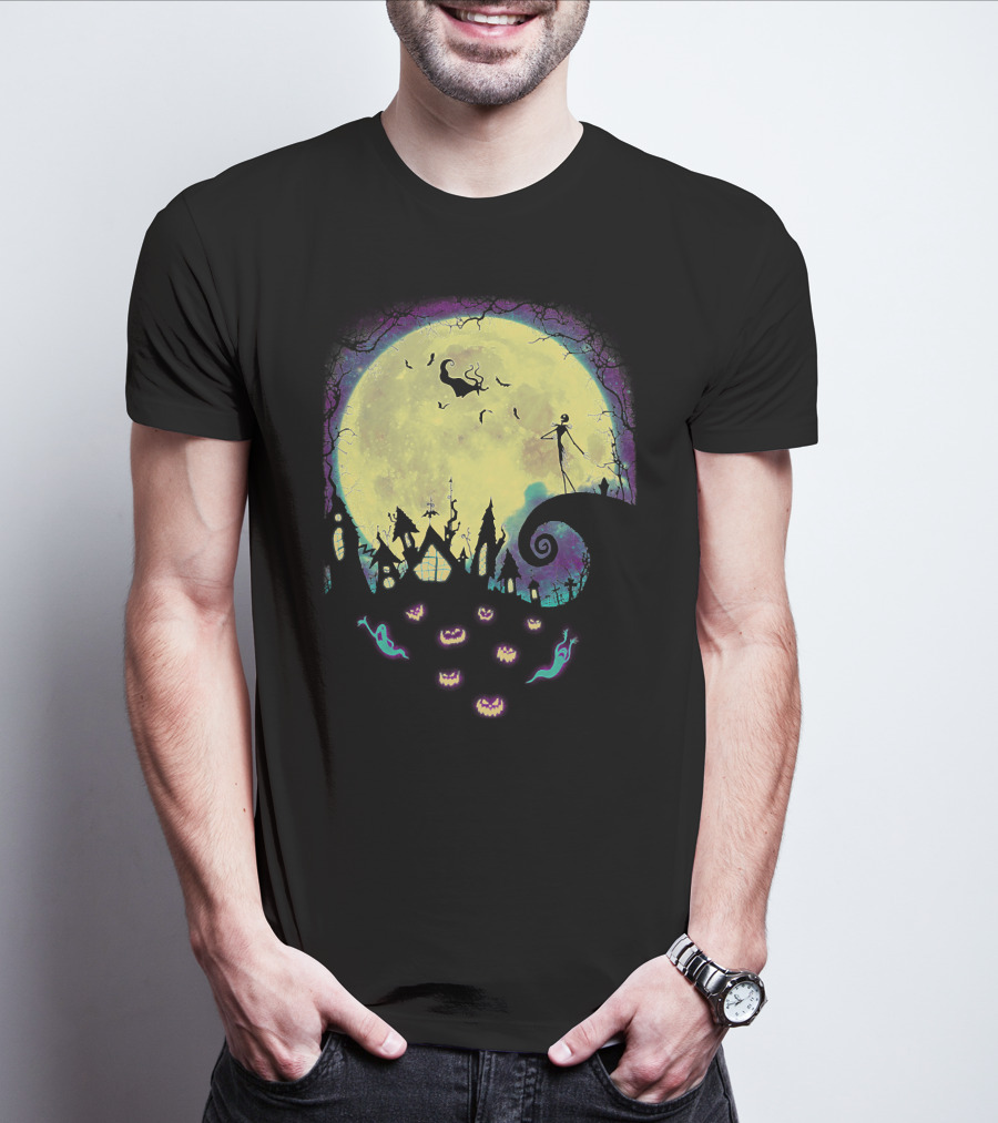 Jack Zero Moonlit Halloween Scene With Ghostly Pumpkins T-Shirt