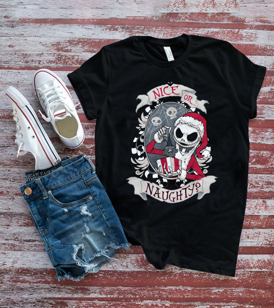 Nice Or Naughty Santa Skeleton With Skull Background T-Shirt