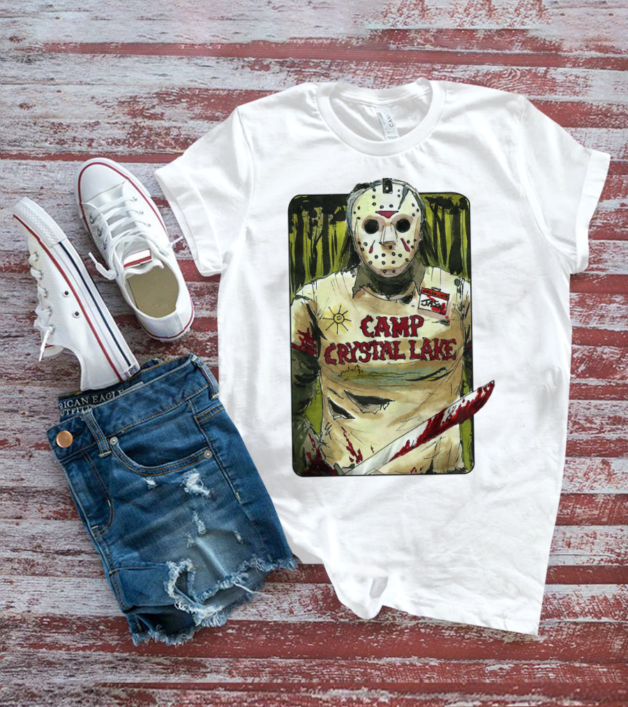 Jason Camp Crystal Lake Horror Mask Blood Stained Machete T-Shirt