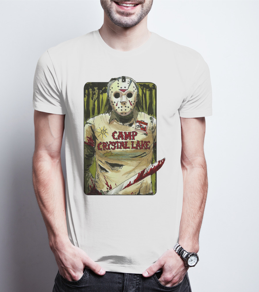 Jason Camp Crystal Lake Horror Mask Blood Stained Machete T-Shirt