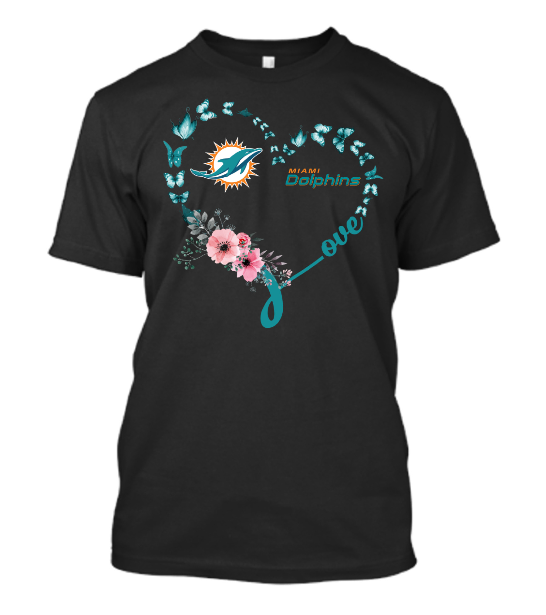 Miami Dolphins Love Heart With Butterflies And Flowers T-Shirt
