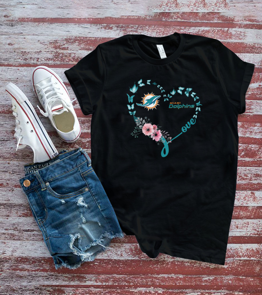 Miami Dolphins Love Heart With Butterflies And Flowers T-Shirt