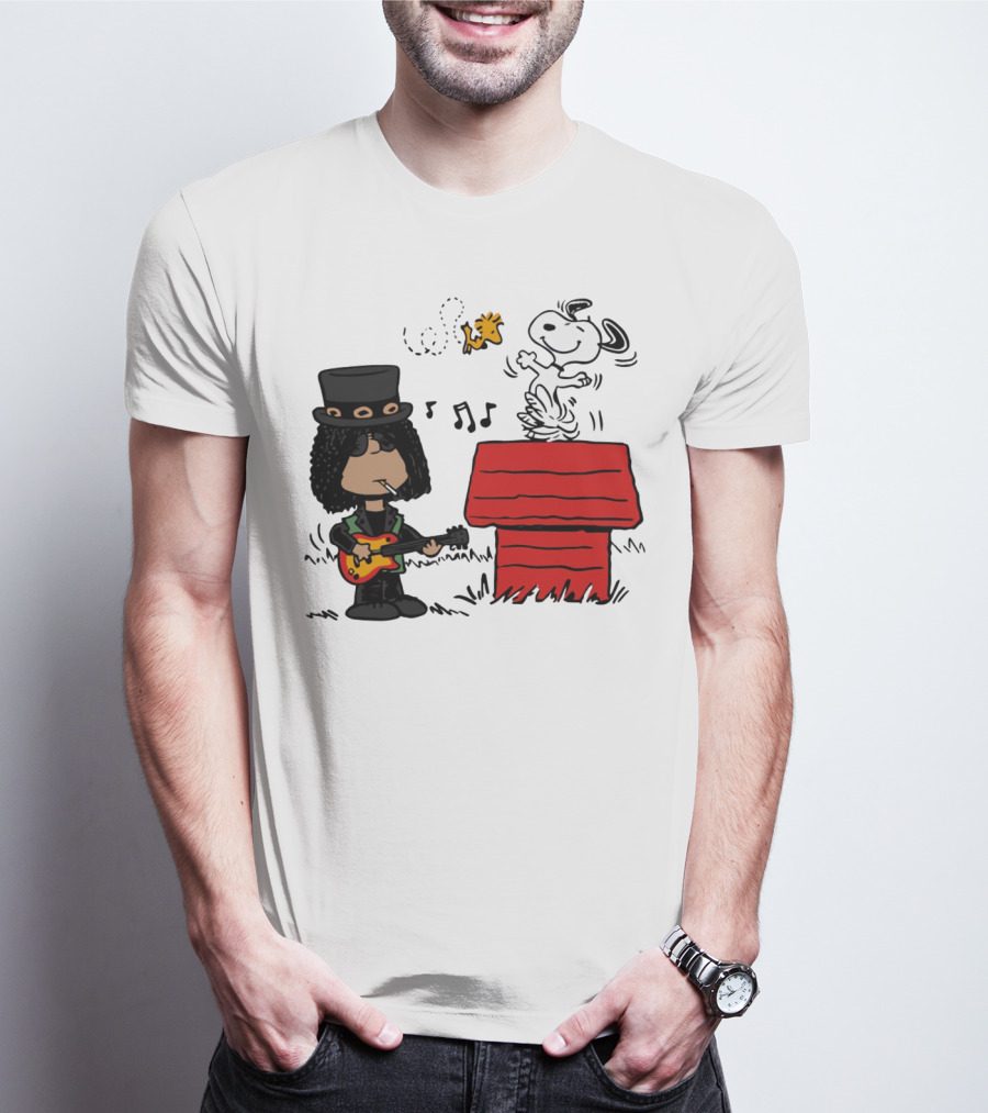 Slash Style Guitarist With Snoopy And Woodstock Playing Music T-Shirt
