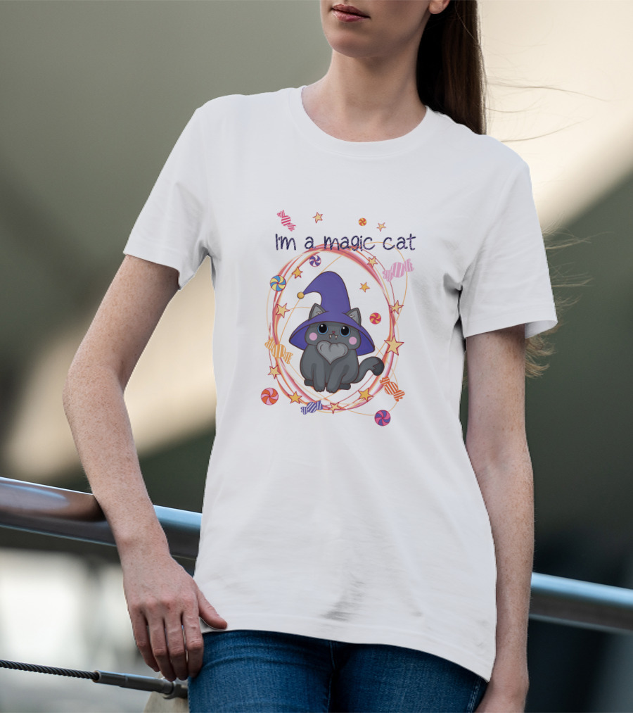 I'm A Magic Cat Wizard Hat Candy Stars T-Shirt