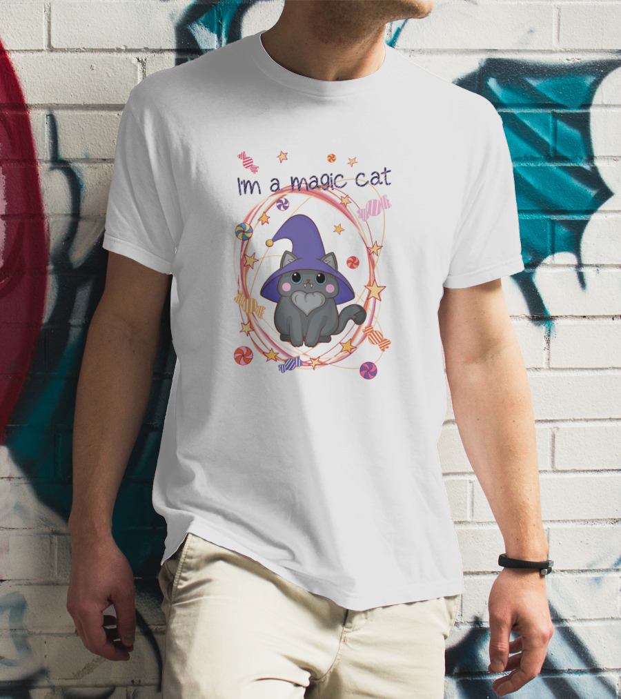I'm A Magic Cat Wizard Hat Candy Stars T-Shirt