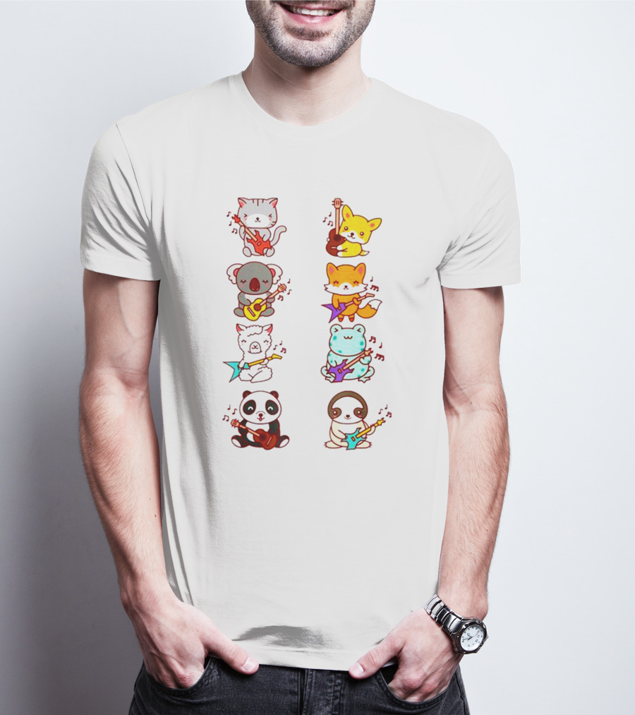 Cat Fox Koala Alpaca Frog Panda Animals Playing Acoustic Electric Guitars Kawaii T-Shirt