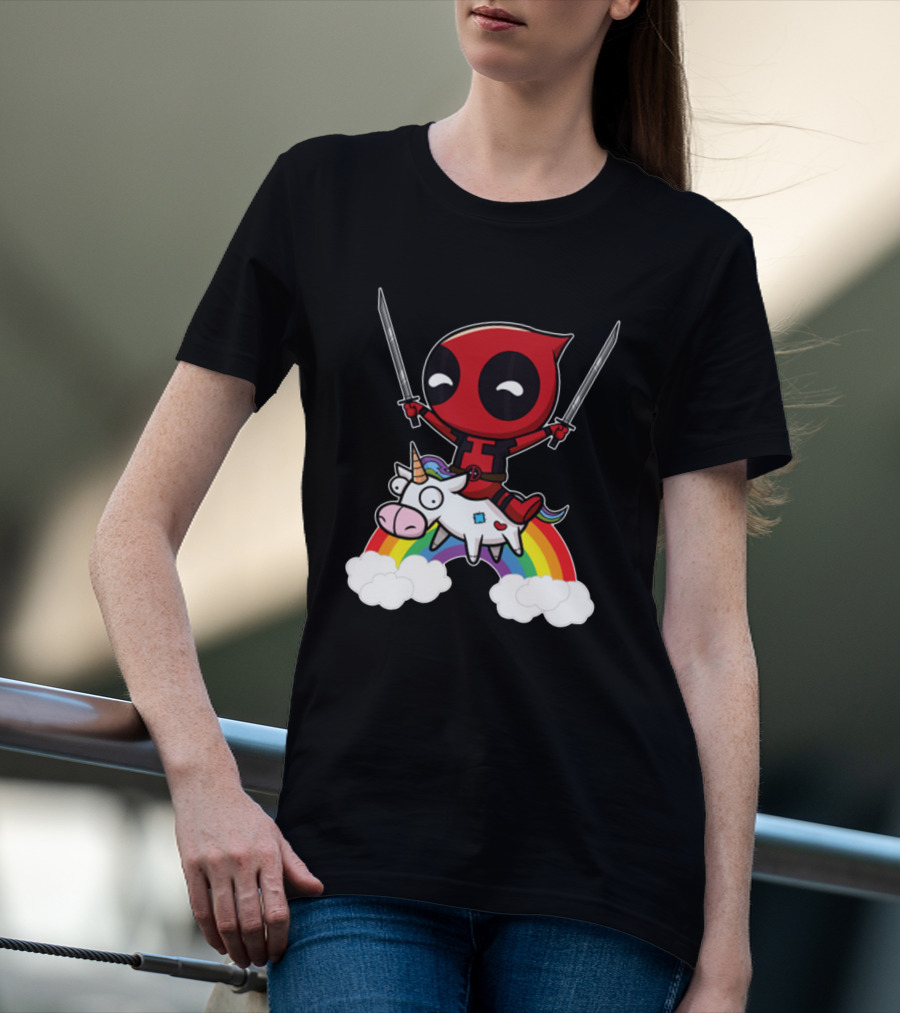 Chibi Deadpool Riding Epic Rainbow Unicorn With Dual Katanas T-Shirt