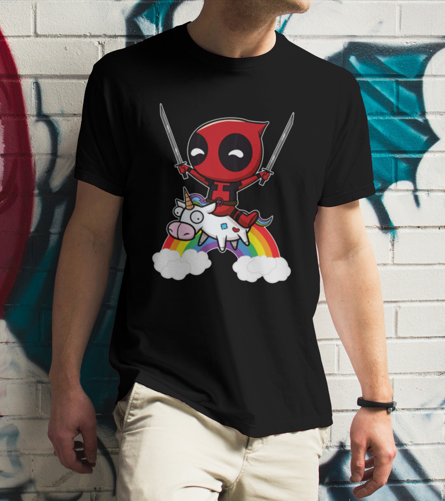 Chibi Deadpool Riding Epic Rainbow Unicorn With Dual Katanas T-Shirt