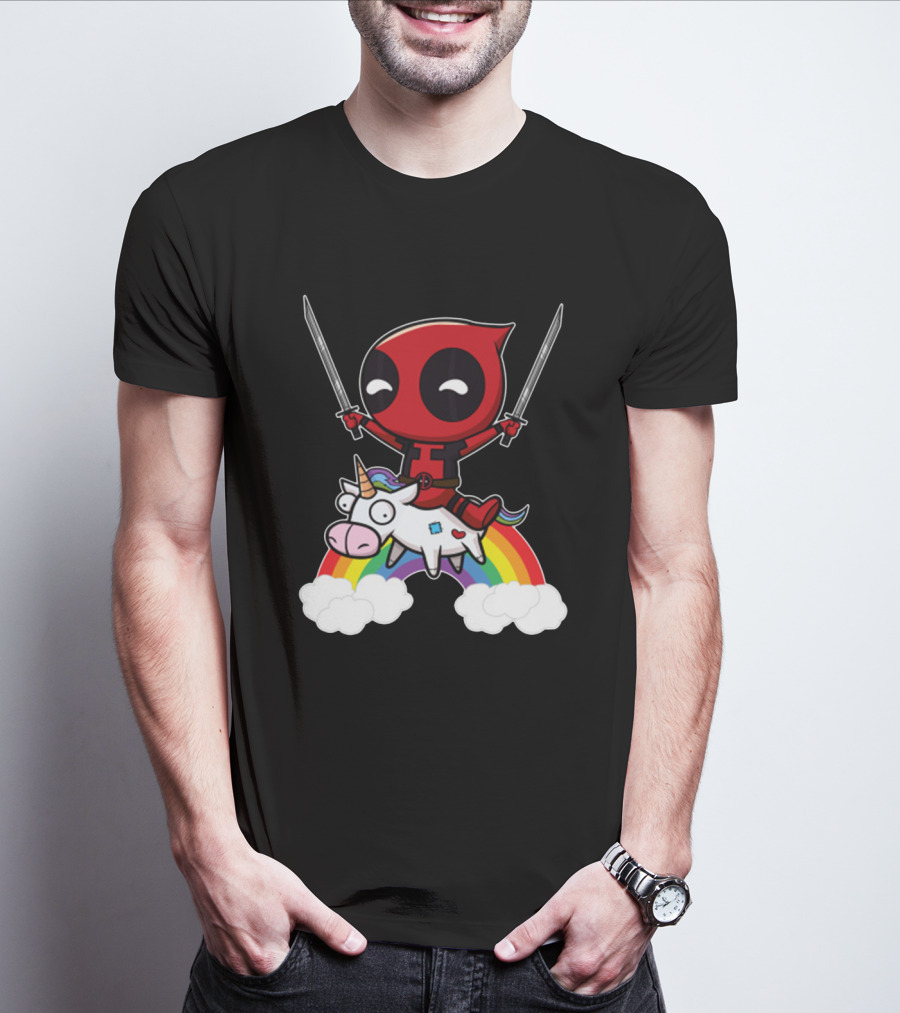 Chibi Deadpool Riding Epic Rainbow Unicorn With Dual Katanas T-Shirt