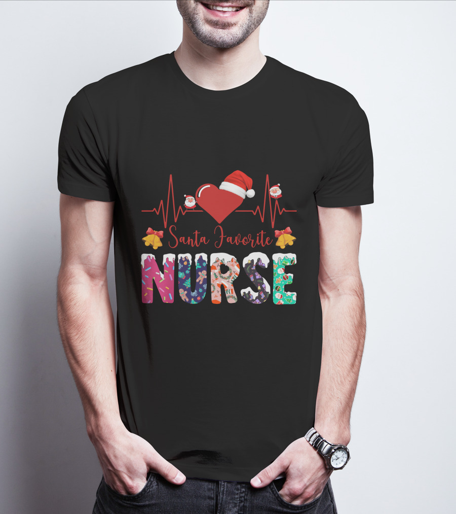 Santa Favorite Nurse Christmas Heartbeat T-Shirt