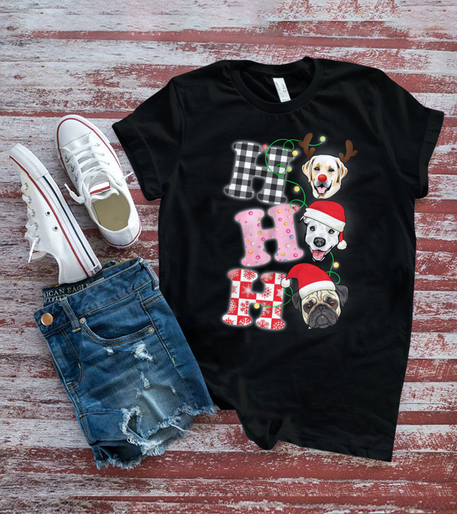 HO HO HO Christmas Dogs With Santa Hats And Reindeer Antlers T-Shirt