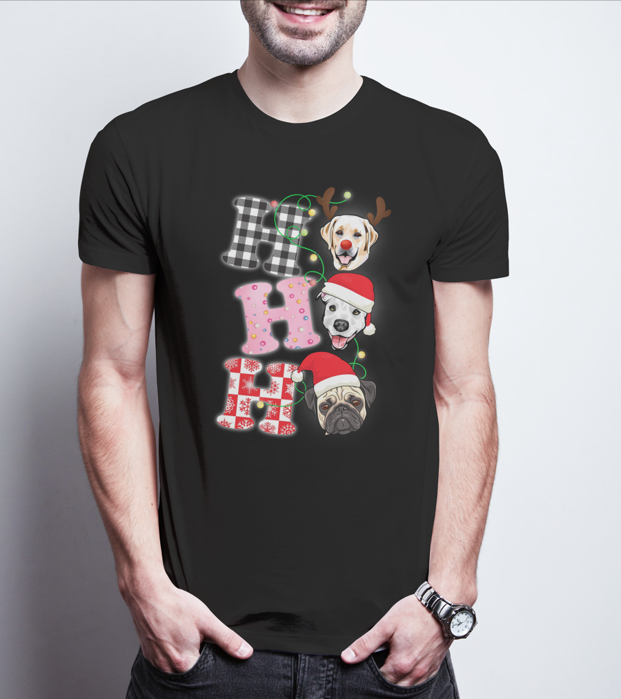 HO HO HO Christmas Dogs With Santa Hats And Reindeer Antlers T-Shirt