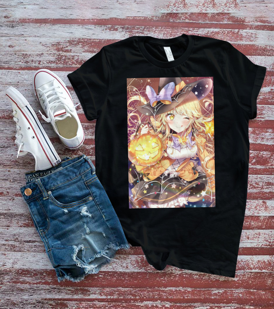 Anime Halloween Witch Girl With Pumpkin Lantern And Stars T-Shirt