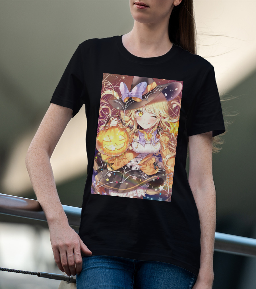 Anime Halloween Witch Girl With Pumpkin Lantern And Stars T-Shirt